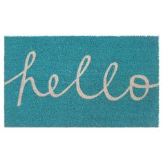 a blue door mat with the word hello written on it in white lettering, against a white background