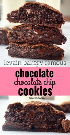 chocolate chip cookies stacked on top of each other with the words, leviin bakery famous chocolate