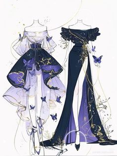 two dresses with butterflies on them are shown in this fashion illustration by artist mark taylor