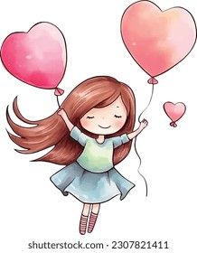 a girl flying with two heart shaped balloons