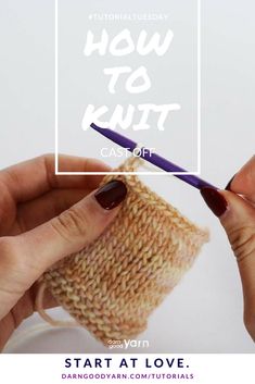 two hands are knitting together with the words how to knit in white overlays