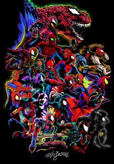 a bunch of different colored images on a black background with the words spider - man