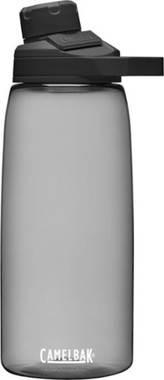 the camelbak water bottle has a black lid and is gray with white writing on it