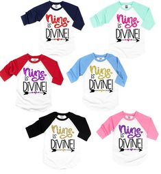 Nine is Divine! The perfect birthday shirt for your fabulous 9 year old!►Need to add a name and/or number to the back of these tees? No problem, you can purchase the additional lettering here:https://www.etsy.com/listing/262819904/add-on-additional-lettering-to-the-back?ref=shop_home_active_1________________________________________________________Every tee is handmade to order with love.Printed on our Lightweight, Poly-Cotton Blend Short Sleeve Tees. These are unisex and can run larger on the gi Fun Long Sleeve Tops For Birthday, First Birthday Name Print Top, Party Long Sleeve T-shirt With Letter Print, Multicolor Letter Print Tops For Party, Multicolor Long Sleeve Tops For Birthday, Pink Glitter Print Top For Birthday, Birthday Long Sleeve T-shirt With Text Print, Multicolor Graphic Print Top For First Birthday, Cute Purple Top For Birthday