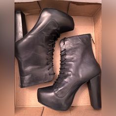 These Are New, Never Worn. Purchased For A Halloween Costume, But Never Wore Them. They Are Leather With A Platform Foot Bed And A Tall Heel. Zip Up The Back For Easy On And Off - No Need To Lace Up Each Time. Very Fun Bootie. Aesthetic Shoes, Shoes Heels Boots, Shoes Women Heels, Heeled Boots, Zip Ups, Shoes Heels, Halloween Costumes, Black Leather, Lace Up