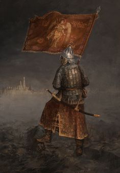 a painting of a knight holding a flag