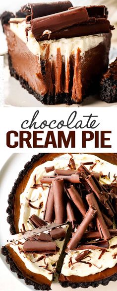 chocolate cream pie on a white plate with the words chocolate ice cream pie above it