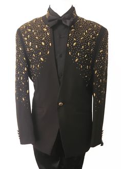 Black Mandarin Collar Jacket with Gold Rhinestone Embellishments Tailored Long Sleeve Embellished Outerwear, Tailored Embellished Outerwear, Embellished Fitted Blazer With Long Sleeves, Winter Embellished Long Sleeve Blazer, Fitted Embellished Long Sleeve Blazer, Winter Black Embellished Blazer, Winter Embellished Black Blazer, Fitted Black Blazer With Rhinestones, Embellished Black Blazer For Fall