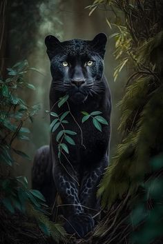 a black leopard standing in the middle of a forest with green leaves on it's neck