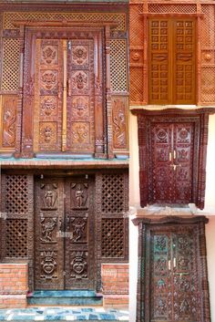 four different doors with carved designs on them