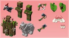 several different types of minecraft items on a pink background, including trees and animals