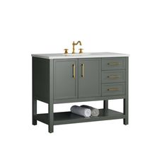 an image of a bathroom vanity with marble top and gold faucets on it