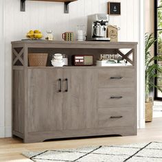 a wooden cabinet with drawers and shelves in a living room