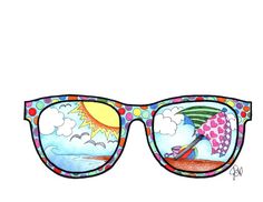 a pair of sunglasses with colorful designs on the lens and one has an umbrella in it