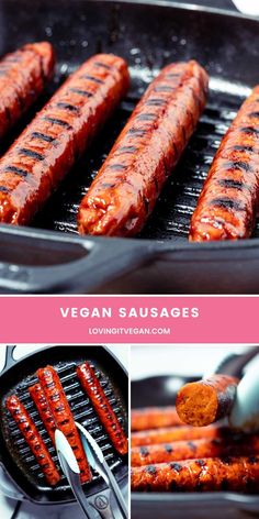 sausages being cooked on a grill with the words vegan sausages above them