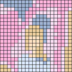 a cross stitch pattern with squares in different colors and sizes, including pink, yellow, blue