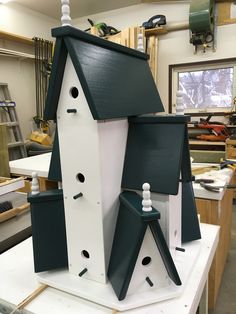 the bird house is being built in the shop