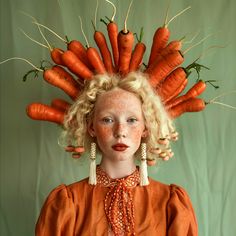 a woman with blonde hair and carrots on her head