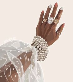 a woman's hand with rings and bracelets on her wrist, wearing a white dress