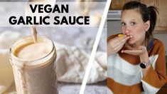 a woman holding a spoon in her mouth next to a glass of vegan garlic sauce