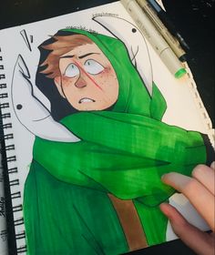 a drawing of a person wearing a green scarf