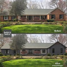 before and after pictures of a brick ranch house with green grass in the front yard