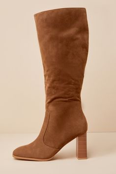 The Lulus Arabelle Chestnut Suede Square Toe Knee-High Boots are the most versatile and flirty boots of the season! Textured faux suede shapes these must-have boots that feature a chic square toe upper and seamed vamp that rises to a 14.5"" knee-high shaft with a 15"" circumference. A 15"" zipper at the instep makes for easy on-and-off while a sleek block heel completes the modern look! 3. 25" block heel. Cushioned insole. Felted rubber sole has nonskid markings. Man made materials. Imported. Lu Wide Calf Suede Mid-calf Boots For Fall, Trendy Suede Wide Calf Heeled Boots, Brown Suede Heeled Boots With Wide Calf, Brown Suede Wide Calf Heeled Boots, Brown Wide Calf Suede Heeled Boots, Fall Suede Heeled Boots With Wide Calf, Fall Wide Calf Suede Heeled Boots, Brown Suede Heeled Boots For Fall, Trendy Brown Suede Mid-calf Boots