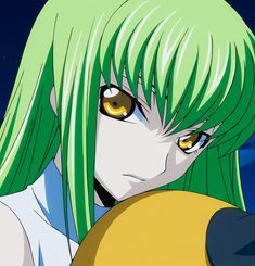 an anime character with green hair and yellow eyes