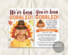 two thanksgiving cards with the words, we've been you've been gobbled