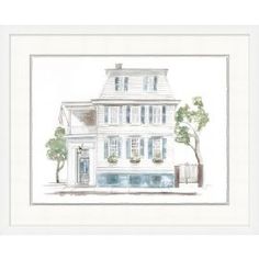 a drawing of a white house with blue shutters