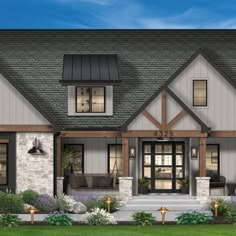 this is an artist's rendering of a house in the country style with stone and wood accents