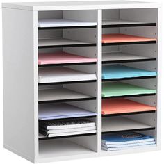 an office shelving unit with six shelves and five file folders on each shelf