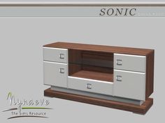 an image of a computer desk with drawers on it's sides and sonic logo above the top