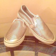 They Look Brand New In Person Synthetic Slip-ons With Perforations And Round Toe, Metallic Mesh, Sneaker Shoes, Flat Sneakers, Leather Slip Ons, Womens Shoes Sneakers, Shoes Sneakers, Faux Leather, Slip On