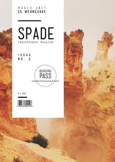 the front cover of a magazine with an image of mountains and rocks in the background