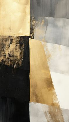 an abstract painting with black, white and gold colors