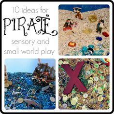 there is a collage of different pictures with words on it that read 10 ideas for pirate sensory and small world play