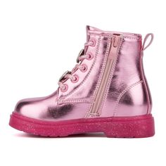 Let your little one step out in style with the Space Case combat boots! These adorable boots feature glitter heart details that add a playful sparkle to their rugged design. Crafted for durability and comfort, they are perfect for adventurous toddlers. Easy to wear and versatile, the Space Case boots will make every outing feel special and fun. Pink Casual Combat Boots With Round Toe, Casual Pink High-top Combat Boots, Winter Pink High-top Combat Boots, Pink Leather Mid-calf Boots With Round Toe, Pink Boots Kids, Rugged Design, Olivia Miller, Girl Toddler, Footbed Sandals