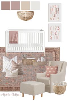 Cute nursery decor with blush and cream tones throughout Mauve And Brown Nursery, Light Pink And Gray Nursery, Rose Pink Nursery Ideas, Retro Pink Nursery, Pink Wainscoting Nursery, Mauve Pink Accent Wall Nursery, Pink Accent Nursery, Pink Modern Nursery, Neutral Nursery With Pops Of Pink