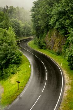 an empty road in the middle of some trees