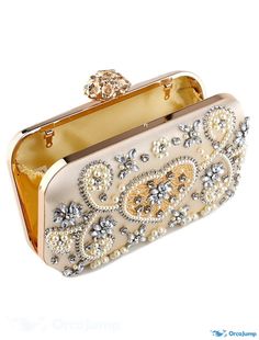 OrcaJump - Womens Retro Crystal Solid Color Rhinestone Chain Party/Evening Bag - Black Pink Almond/Bridal Purse Embellished Rectangular Clutch For Banquets, Embellished Rectangular Clutch For Banquet, Elegant Embellished Clutch For Banquet, Glamorous Gold Clutch For Banquet, Gold Rhinestone Clutch For Prom, Gold Crystal-embellished Evening Bag For Prom, Glamorous Gold Evening Bag For Banquet, Gold Rhinestone Evening Bag For Banquets, Gold Elegant Clutch For Banquet