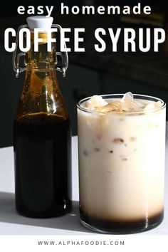 coffee syrup in a glass next to a bottle with ice on the side and text overlay that reads easy homemade coffee syrup