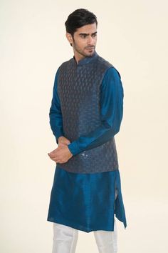 Royal blue solid kurta. Paired with a Nehru Jacket with thread and sequins embroidery and a black plain mexican pant. - Aza Fashions Blue Nehru Jacket With Stand Collar For Winter, Blue Festive Winter Kurta, Blue Winter Festive Kurta, Blue Winter Nehru Jacket With Stand Collar, Traditional Blue Bandhgala For Winter, Blue Bollywood Nehru Jacket For Festivals, Blue Traditional Wear For Winter, Traditional Blue Wear For Winter, Blue Traditional Wear For Winter Festivals