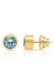 The simple but stylish stones on these 22-karat gold-plated studs take any outfit from nice to knockout in a flash. 3/8" diameter Post back 22k-gold plate/crystal quartz, prasiolite (green amethyst), moonstone, blue topaz or labradorite Made in Canada Modern Gold Earrings With Bezel Setting, Modern Yellow Gold Birthstone Earrings, Amethyst Gold, Diy Kits Gift, Green Quartz, Green Amethyst, Keep Jewelry, Crystal Quartz, 22k Gold