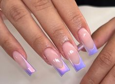 Purple Holographic French Tip Nails, Lavender Chrome Nails French, Lavender Chrome Nails French Tip, Light Purple Chrome Nails French Tip, Blue Chrome French Tip Nails Square, Two Colored Nails On Each Hand, Chrome French Tip Nails Coffin, Airbrush French Tip Nails, Purple Chrome Acrylic Nails