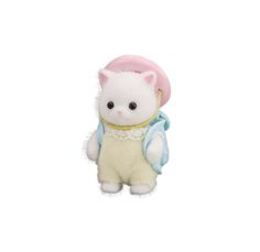 a small white cat with a pink hat and blue backpack on it's back