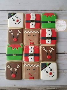 decorated cookies are arranged in the shape of santas and snowmen