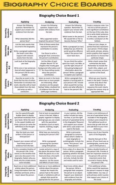 two different types of writing paper with the words,'biography choice boards'in yellow and