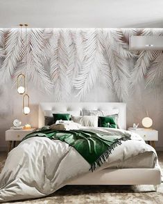 a white bed sitting under a large wall mural in a bedroom next to a night stand