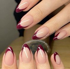 Dark Burgundy French Tip Nails, Merlot French Tip Nails, Dark Nail Inspo Almond, French Maroon Nails, Cherry Mocha Nails French Tip, Dark Red French Tips Almond, Basic Nail Ideas Almond, Maroon French Tip Nails Almond, Dark Brown French Tip Nails Almond